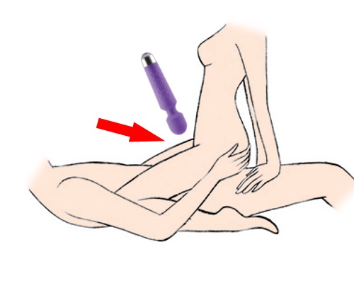 Diagram of couple in cowgirl position with wand vibrator directed towards the clitoris